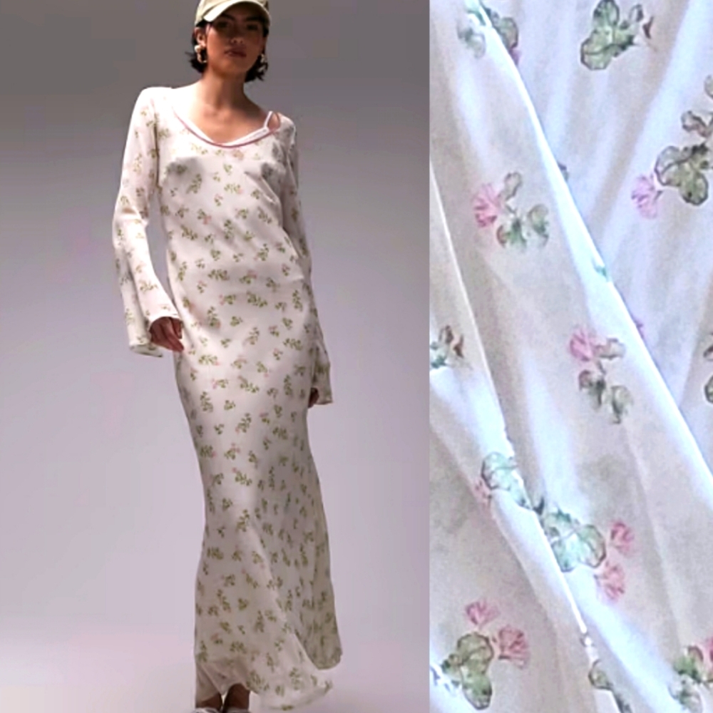 Topshop Ditsy Floral‎ Mauve Trim Sheer Maxi Dress in Ivory NWT